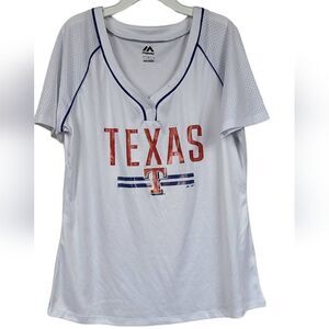 Men's Large Majestic Texas Rangers White Baseball Jersey MLB Logo Tee Mesh Trim